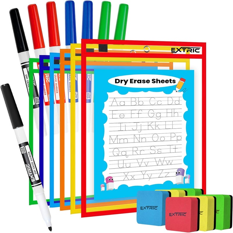 EXTRIC Dry Erase Pockets, 6 Plastic Sleeves, Marker Bundle with Assorted Color, for School or Work Order Tickets - Image 1